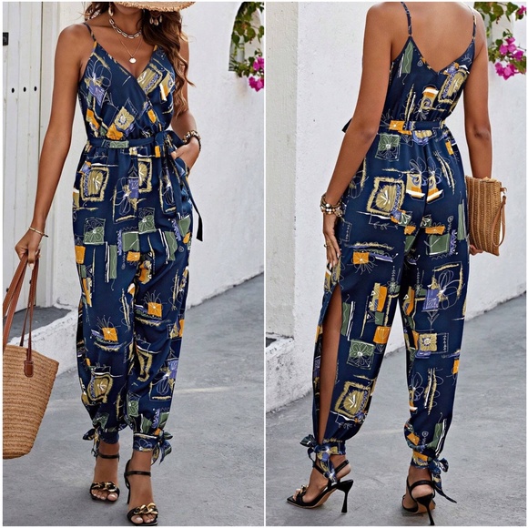Boho Abstract Print Cut out Leg Cami Jumpsuit - Picture 4 of 5